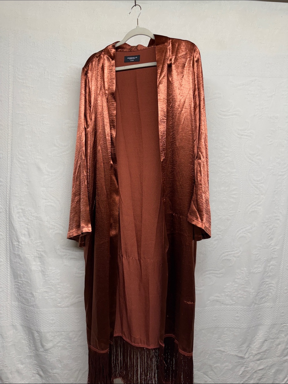 Rebdolls Copper Satin Kimono Robe and pants with Fringe Trim